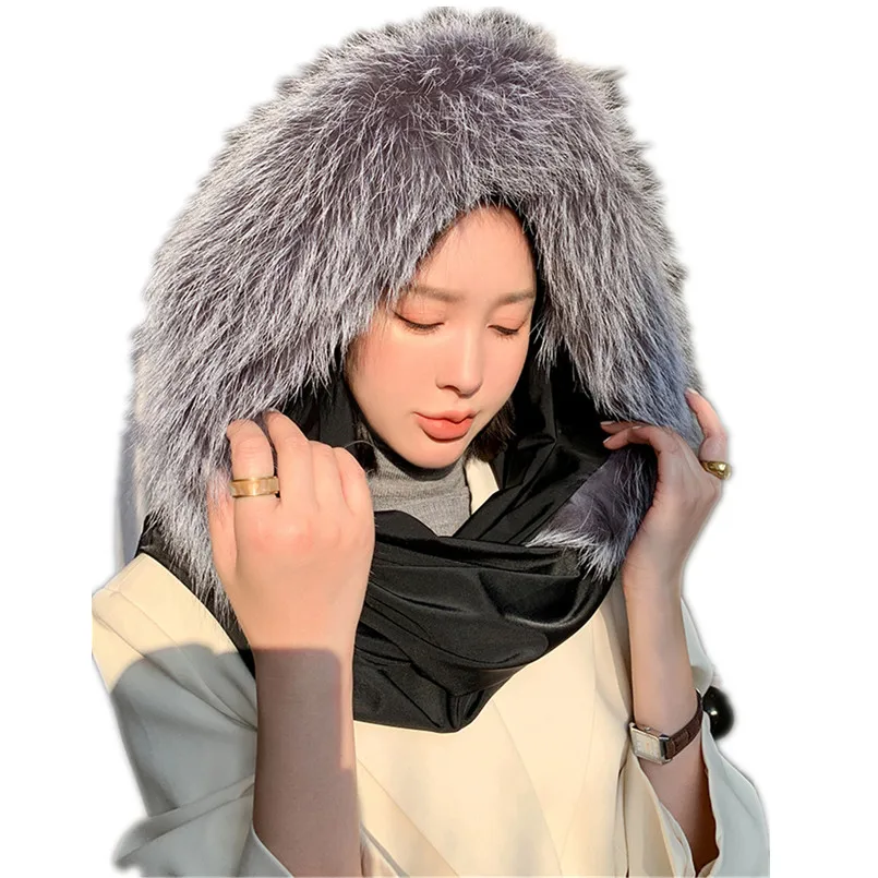 

Women's Winter Wraps for Muslim Hijab Arab Scarf Real Rex Rabbit Fur Shawls with Genuine Fox Fur