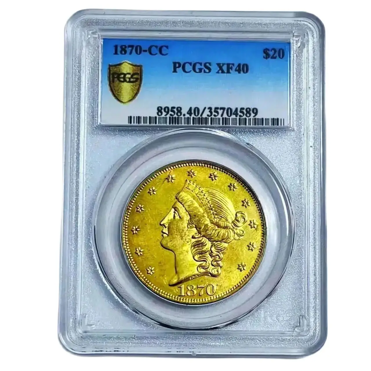 1870 CC American Coin $20 - 24k Gold Plated Tungsten - Graded Holder PCGS NGC XF40 - High Quality Sealed - Non-Magnetic