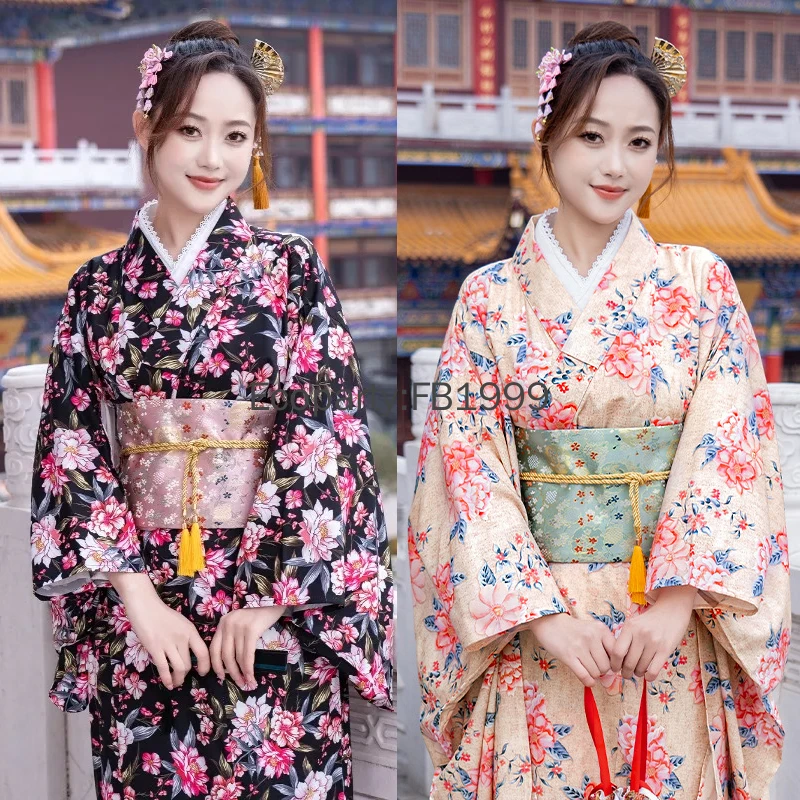 

New Women Japanese Kimono Suit Traditional Retro Style Improved Dress Japanese Camellia Printed Kimono Robe Yukata No Waistband