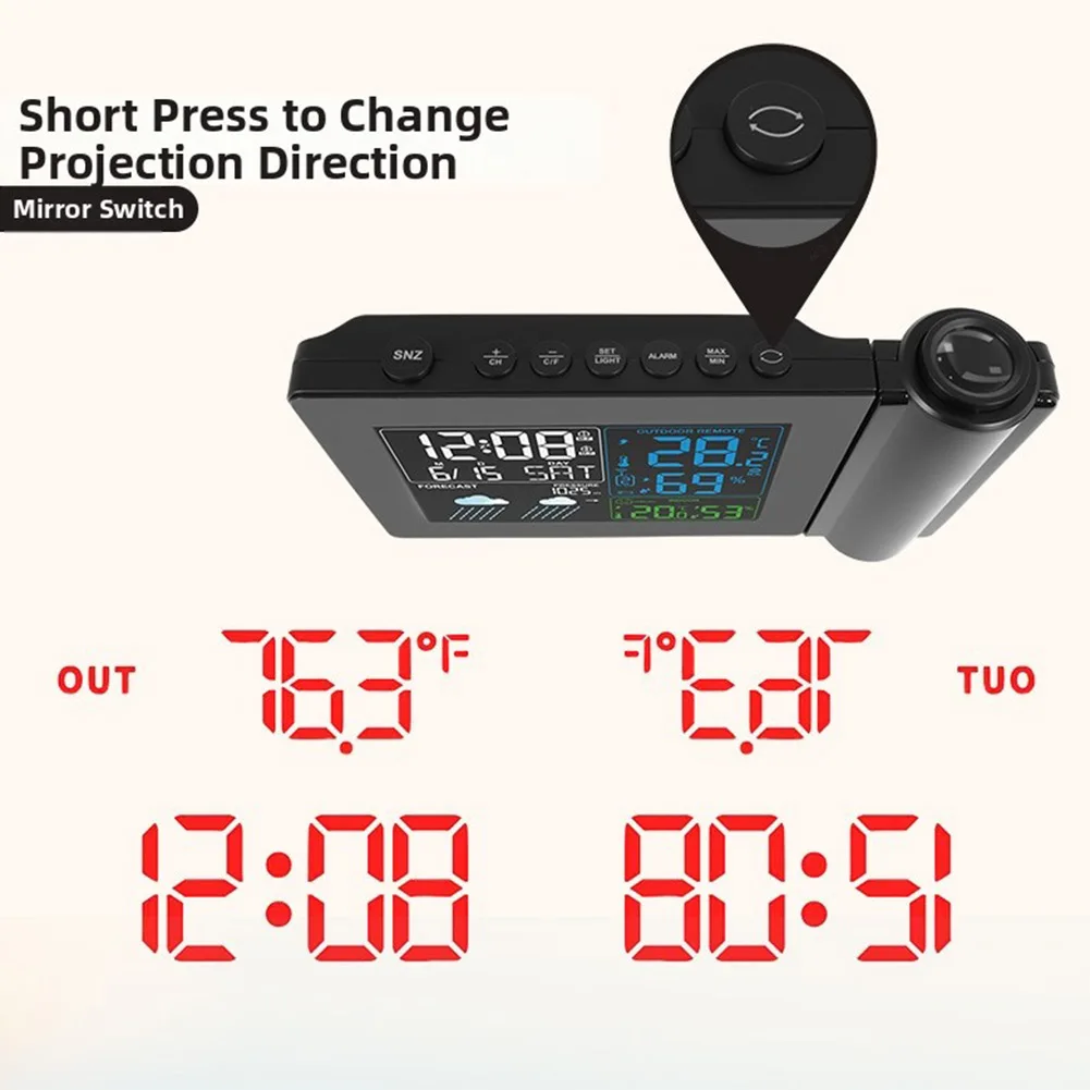 

Проекционные часы-метеостанция с двойной настройкой будильников и отображением температуры и влажности в помещении и на улице в реальном времени