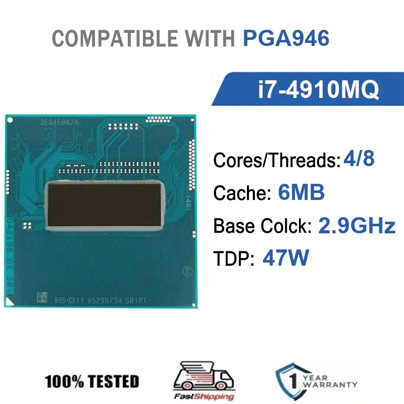 

Intel Core i7-4910MQ 4 Core 8 Thread 2.90GHz 47W 6MB Cache 22nm PGA 946 SR1PT DDR3L 1600 MHz Haswell HD Graphics 4600
