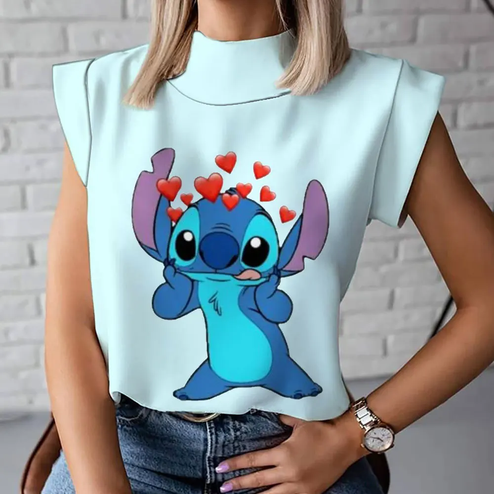 Sommer Damen T-Shirt modische und bequeme lässige kurz ärmel ige Stern und Stich Cartoon weibliche High-Neck-T-Shirt