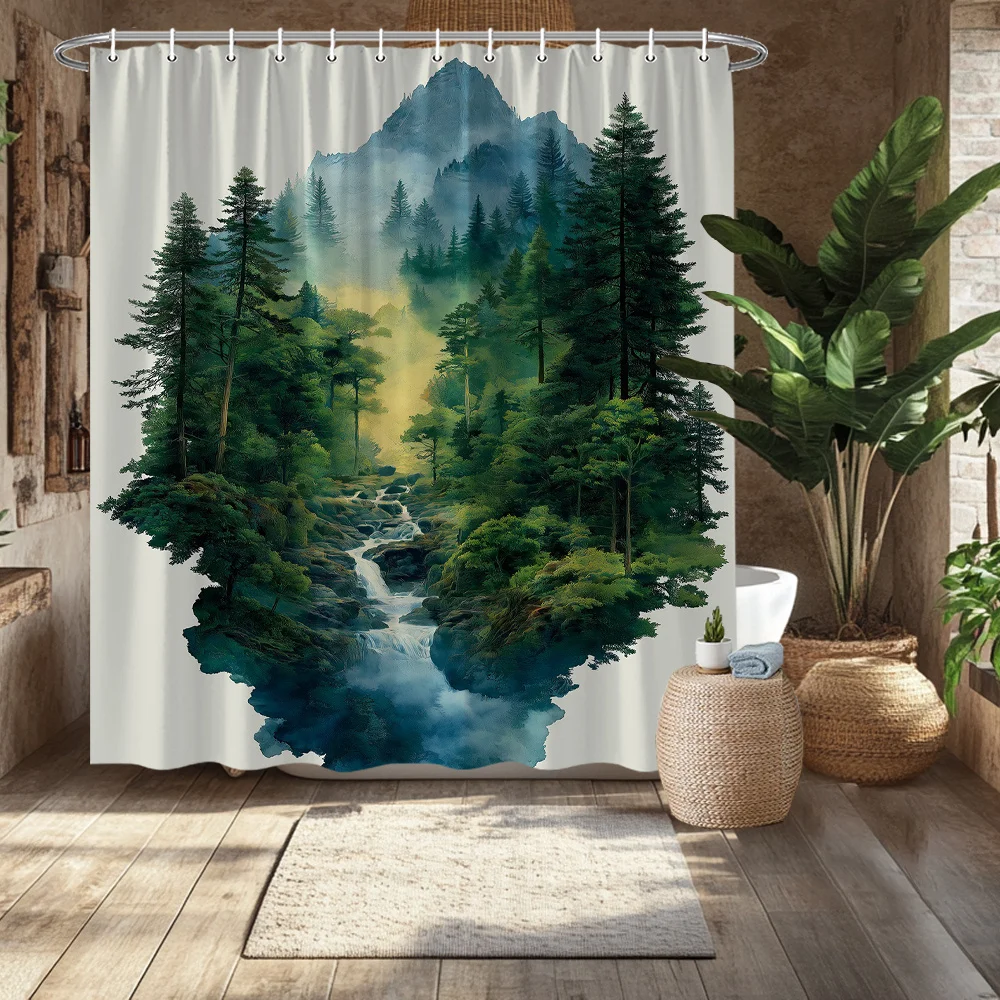 1pc Extra Large Shower Curtain - Mountain Forest Landscape with Pine Trees, Waterfall-like Stream - Anti-Fade Bathroom Decor