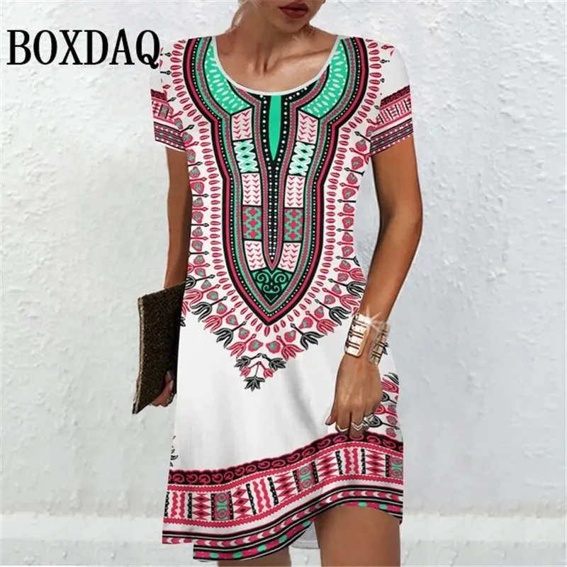 Women\'S Short Sleeve Dresses Summer Women Clothing Vintage Flower Print Fashion A-Line Dress Casual Lady Loose Plus Size Dresses