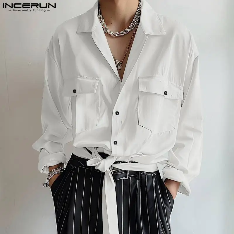 Casual Streetwear Style Tops INCERUN Mens Pocket Twist Design Stylish Well Fitting Male Hot Sale Solid Long Sleeved Blouse S-5XL