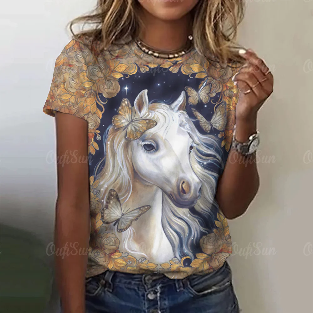 Summer Fashion Animal Gothic T-Shirt 3d Horse Print Women T-Shirts Short Sleeve O-Neck Hip Hop Tee Oversized Y2k Woman Clothing