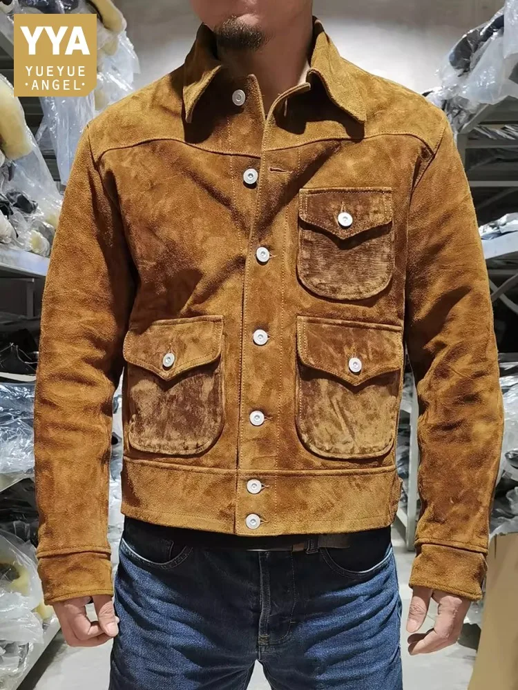 

Luxury Males Genuine Leather Suede Jacket Coat Turndown Collar Single Breasted Three Pocket Slim Fit Business Casual Outerwear