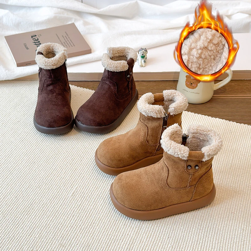 

Children Snow Boots 2025 Winter New Fashion Boys Girls Outdoor Non Slip Short Boots Kids Thicken Plush Warm Casual Cotton Shoes