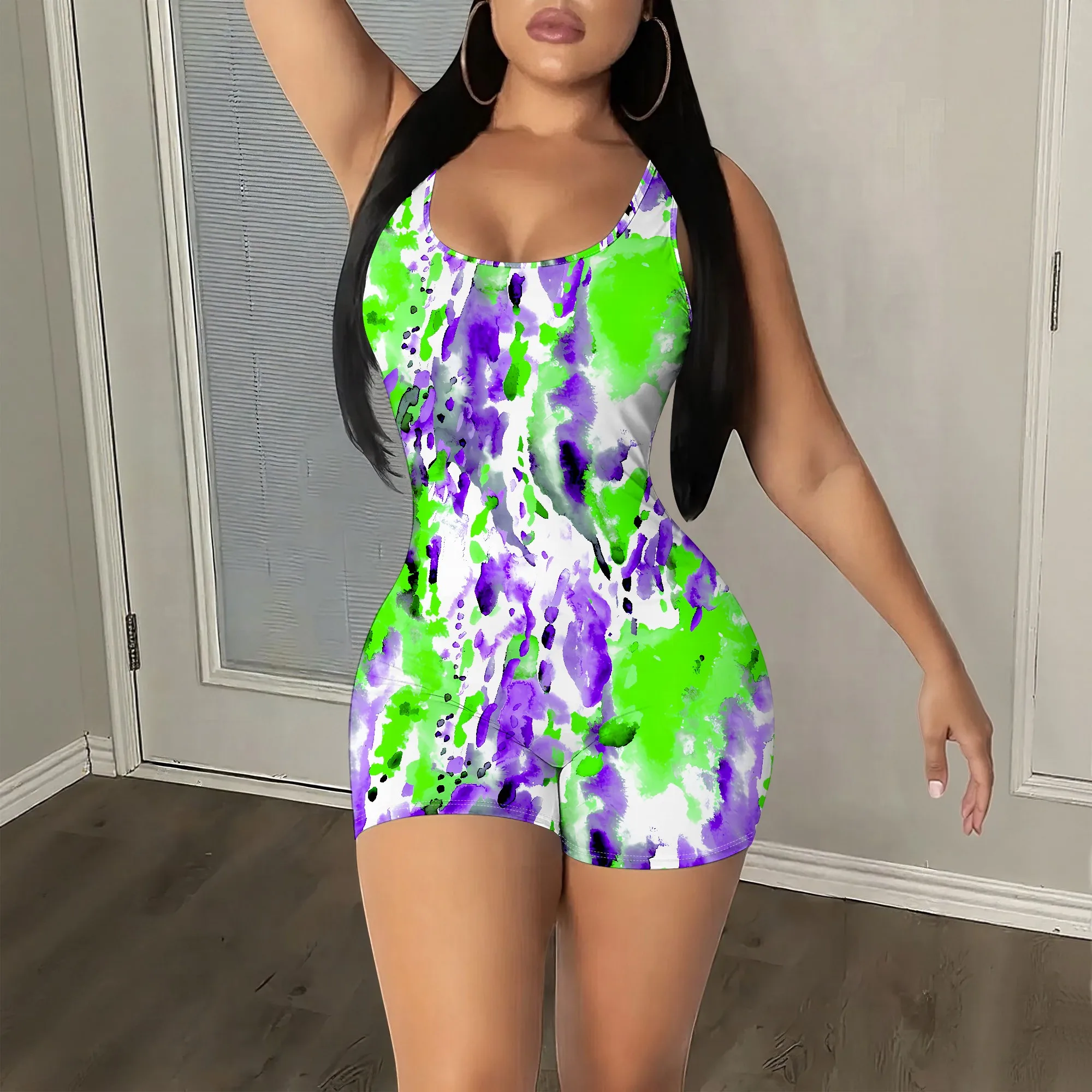 

Vibrant Print Sleeveless Romper, Neon Green Purple Tie-Dye Jumpsuit, Summer Beach Party Outfit for Women, S-2XL