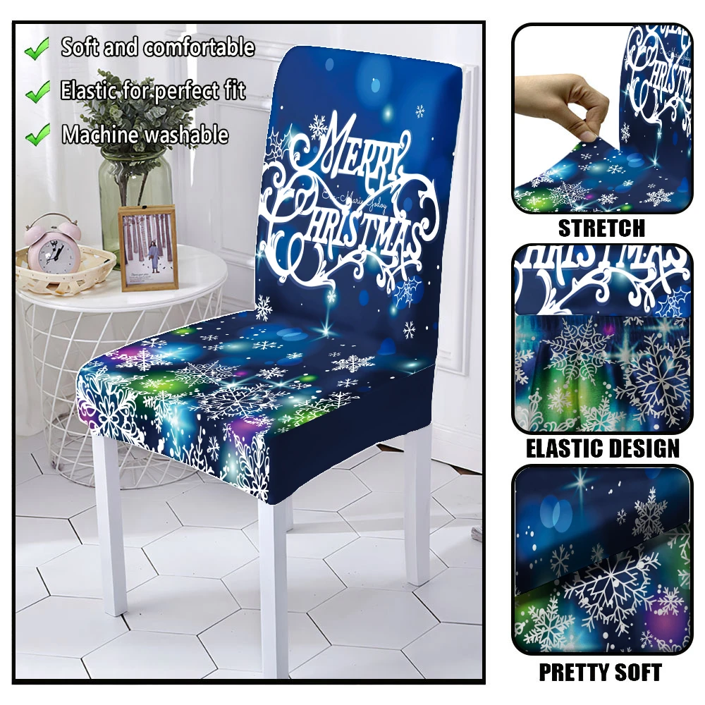 Dark Blue Bokeh Merry Christmas Cursive Letter Colorful Snowflake Full Print Dining Chair Slipcover Stretch Xmas Chair Cover