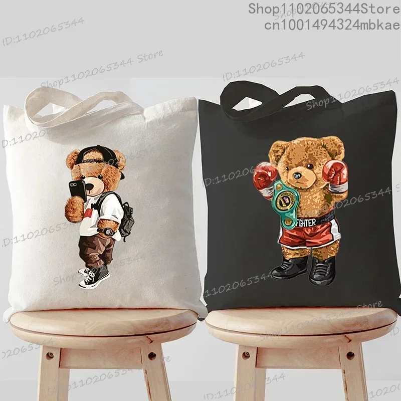 New Funny Bear Harajuku Shoulder Bag for Women Casual Reusable Shopping Bag Teddy Bear Graphic Tote Bag Street Handbags for Lady