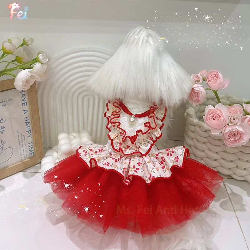 

Summer Pink Red Blue Pet Dog Clothes Fashion Flower Print Lace Party Princess Dress For Small Medium Dog Yorkshire Puppy Skirts