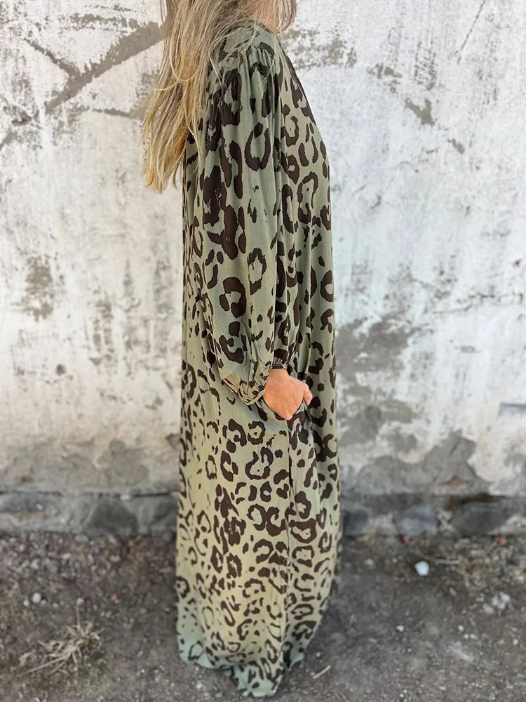 Primavera mujer manga larga estilo Casual Material de poliéster 2025 nueva moda estampado patrón de leopardo vestido suelto con cuello en V