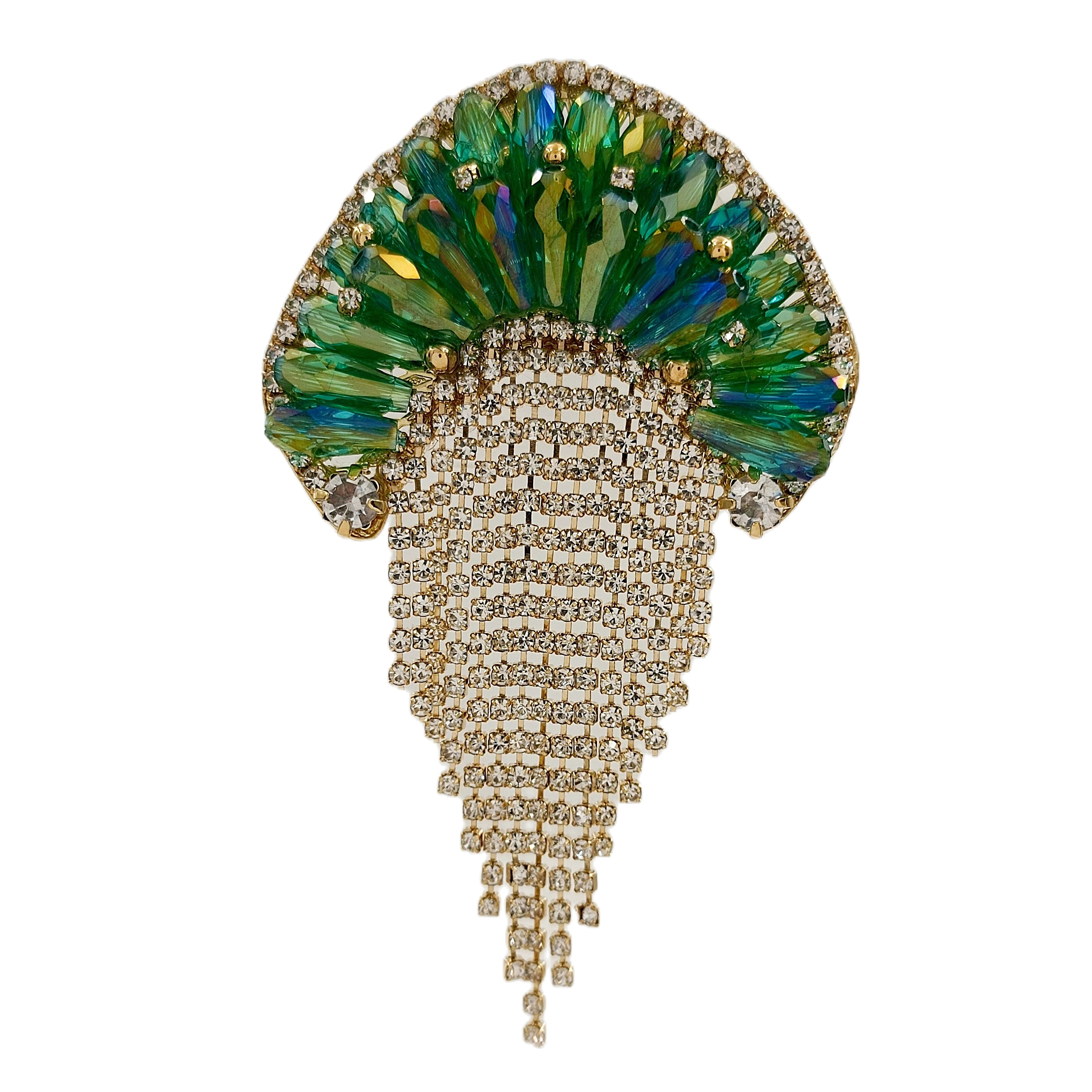 

Excellent Green AB Rhinestone Jellyfish Fringe Tassel Brooch Medusa Pin Tropical Beach Jewelry