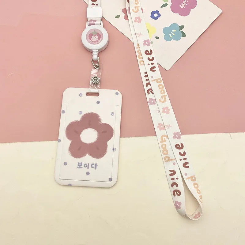 Cartoon Card Sleeve With Sliding Cover Photo Card Holder Kpop Printing Photocards Protector W/ Retractable Badge Holder Keyring