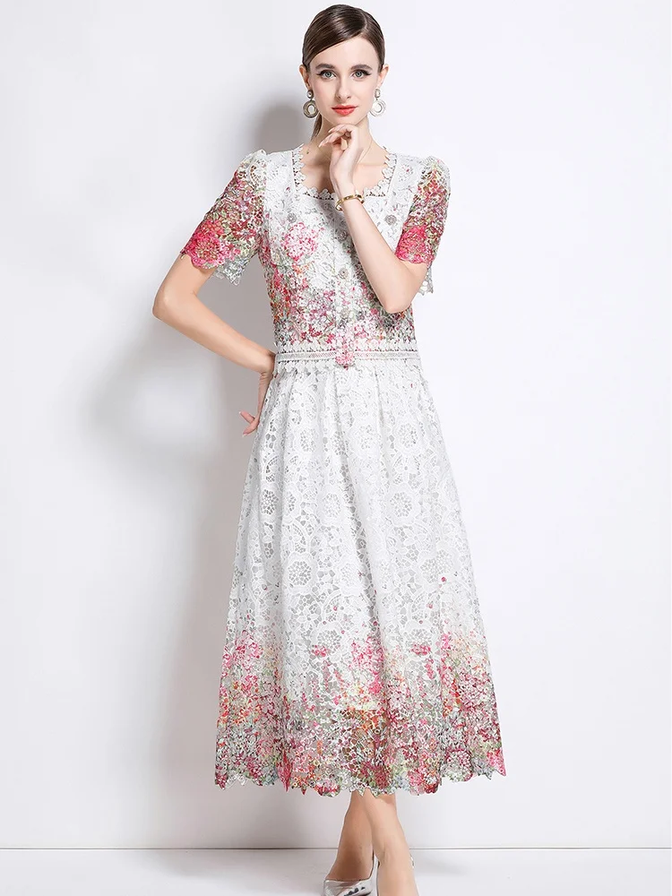 

High End New Fashion Lace Hollow Out Top Two-Piece Set Women's Slim Waist Water Soluble Positioning Print Long Skirt Suits