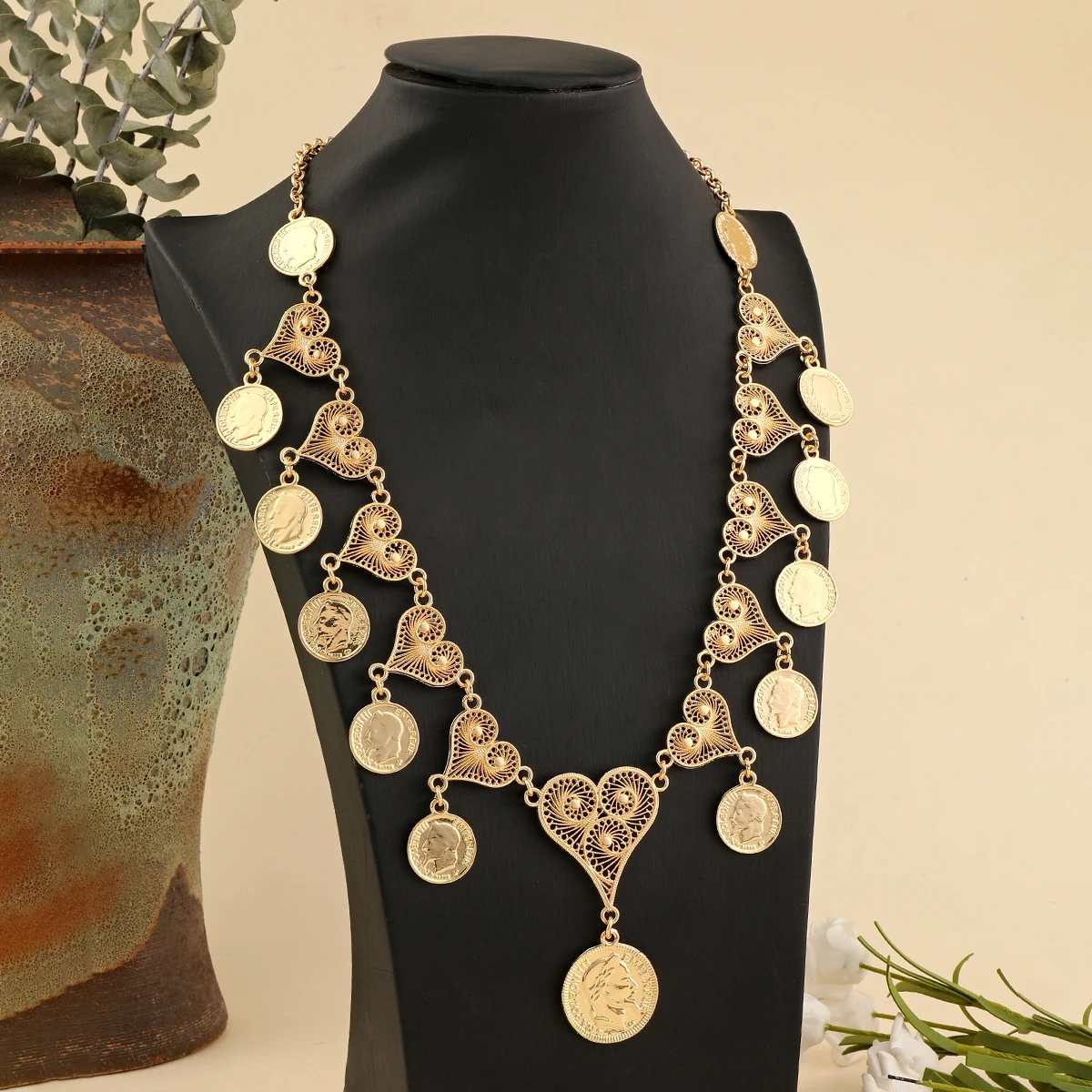 Algerian Totem Design Chain Necklace Gold Color Luxury Muslim Wedding Jewelry Bridal Coin Chocker Necklace Ethnic Women Gifts