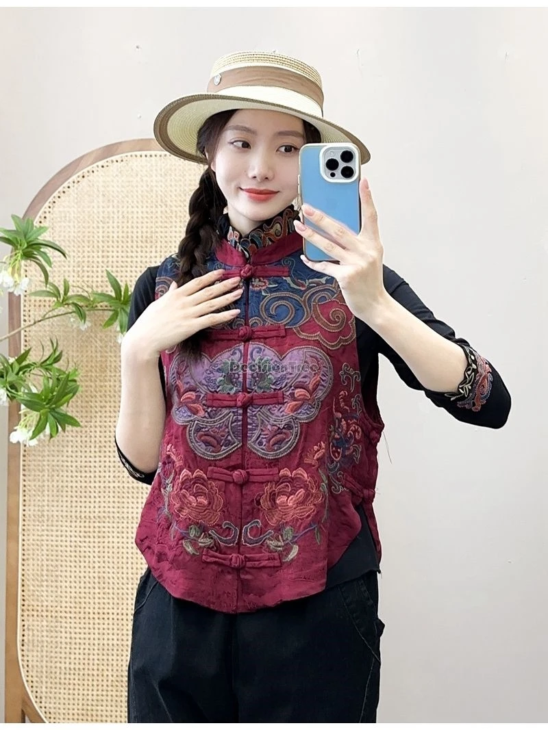 2024 chinese vintage ethnic style embroidered butterfly waistcoat plate buckle stand collar women sleeveless jacquard vest w228