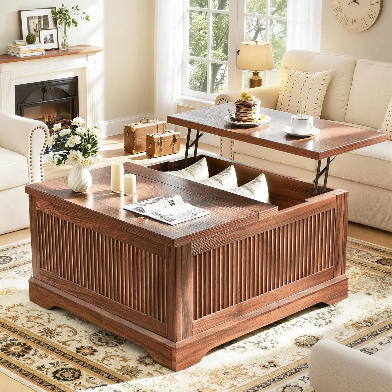 

Lift Top Coffee Table with Storage, Fluted Coffee Tables with Lifting Top, Modern Farmhouse Square Center Table, Customized