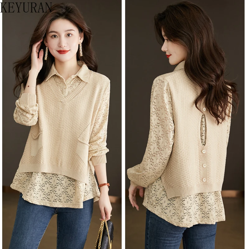 Fake 2 Piece Set Knit Spliced Lace Shirt Women Spring Autumn Fashion Hollow Out Sweater Pullover Casual Turn-down Collar Blouse