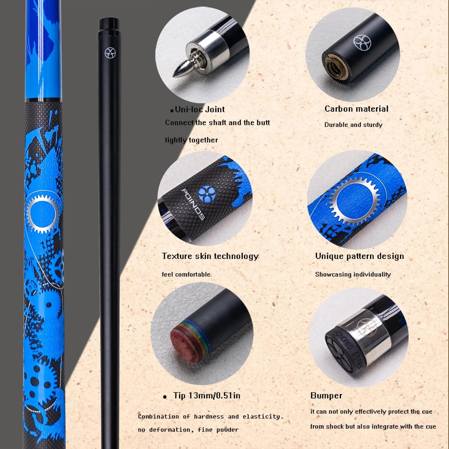 Carbon fiber billiard club 13mm pointed leather anti slip design suitable for nine ball  durable sturdy and long lasting