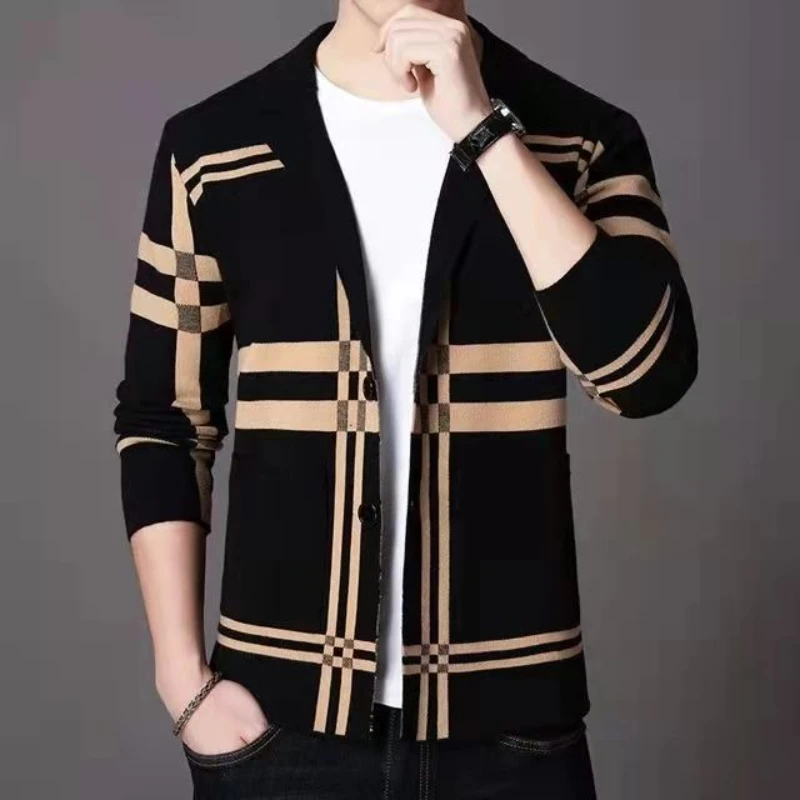 

Мужской вязаный свитер с v-образным вырезом — модный приталенный полосатый пиджак на осень, повседневная и стильная верхняя одежда для молодых мужчин