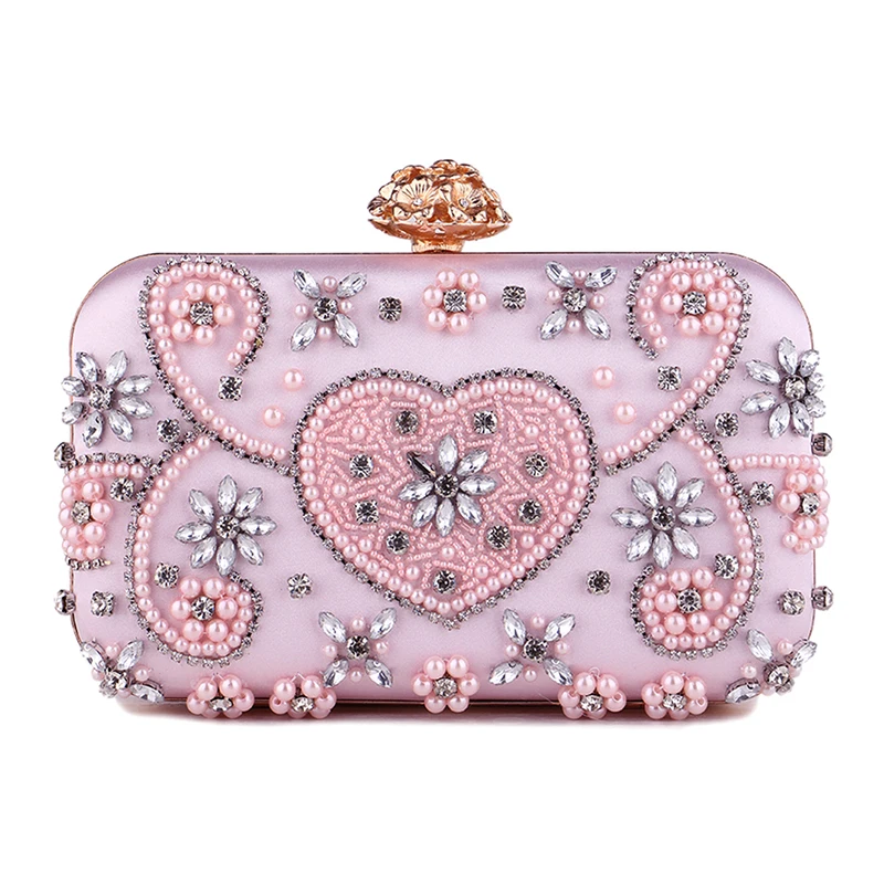 Satin Vintage Women Evening Bags Metal Flower Luxury Diamonds Clutch Black Color Rhinestones Chain Shoulder Handbags