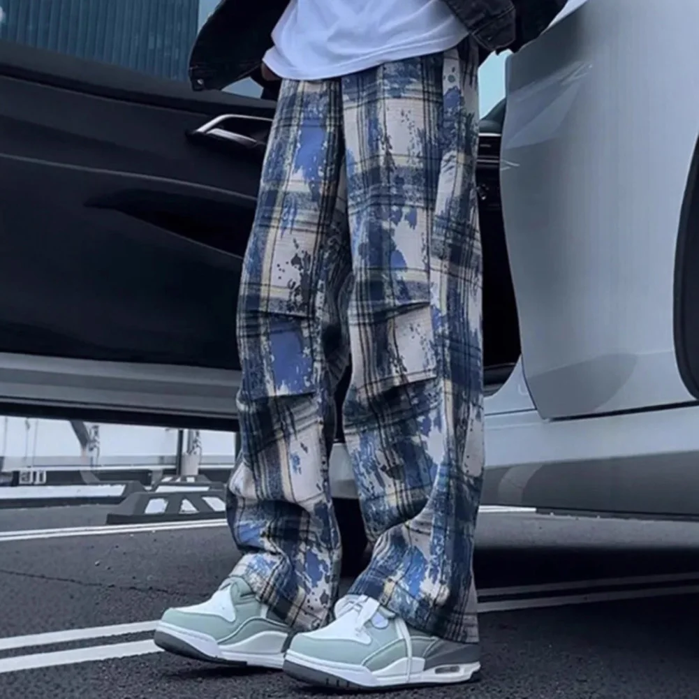 

Vintage Plaid Pants Men's Wide Leg Pants Straight-leg Trousers Jogger Sweatpant