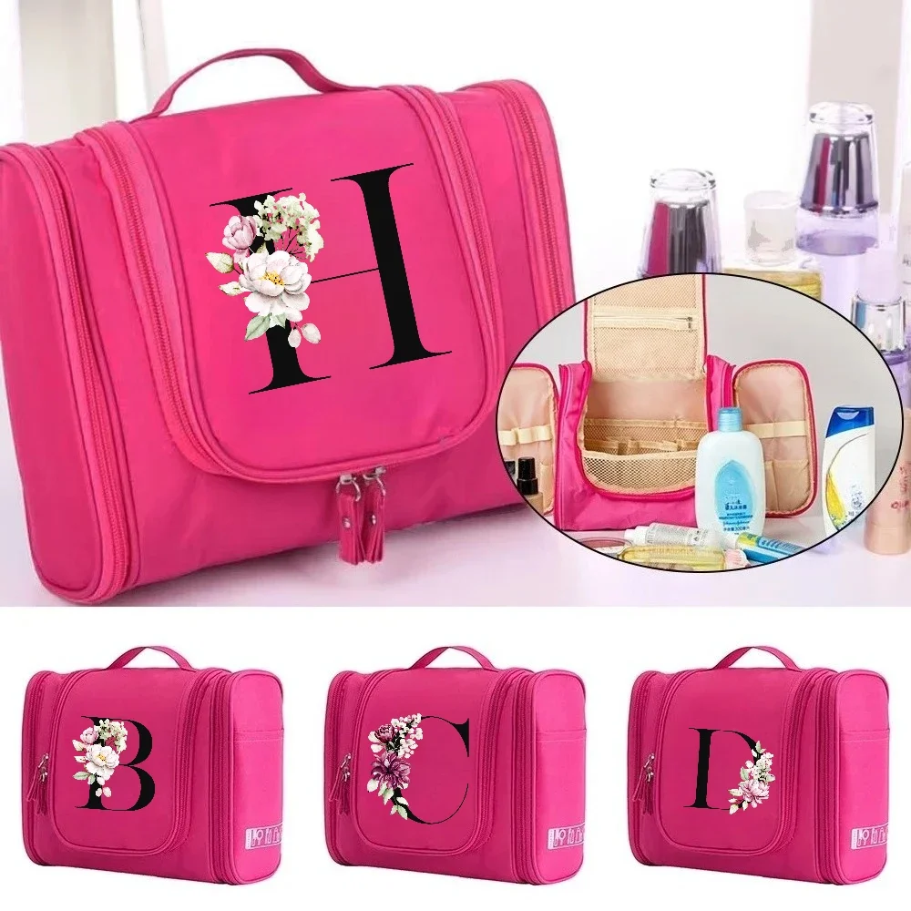 A-Z Alphabet Floral Print Handheld Cosmetic Bag Makeup Case Toiletry Bag Travel Cosmetic Organizer with Hook for Women