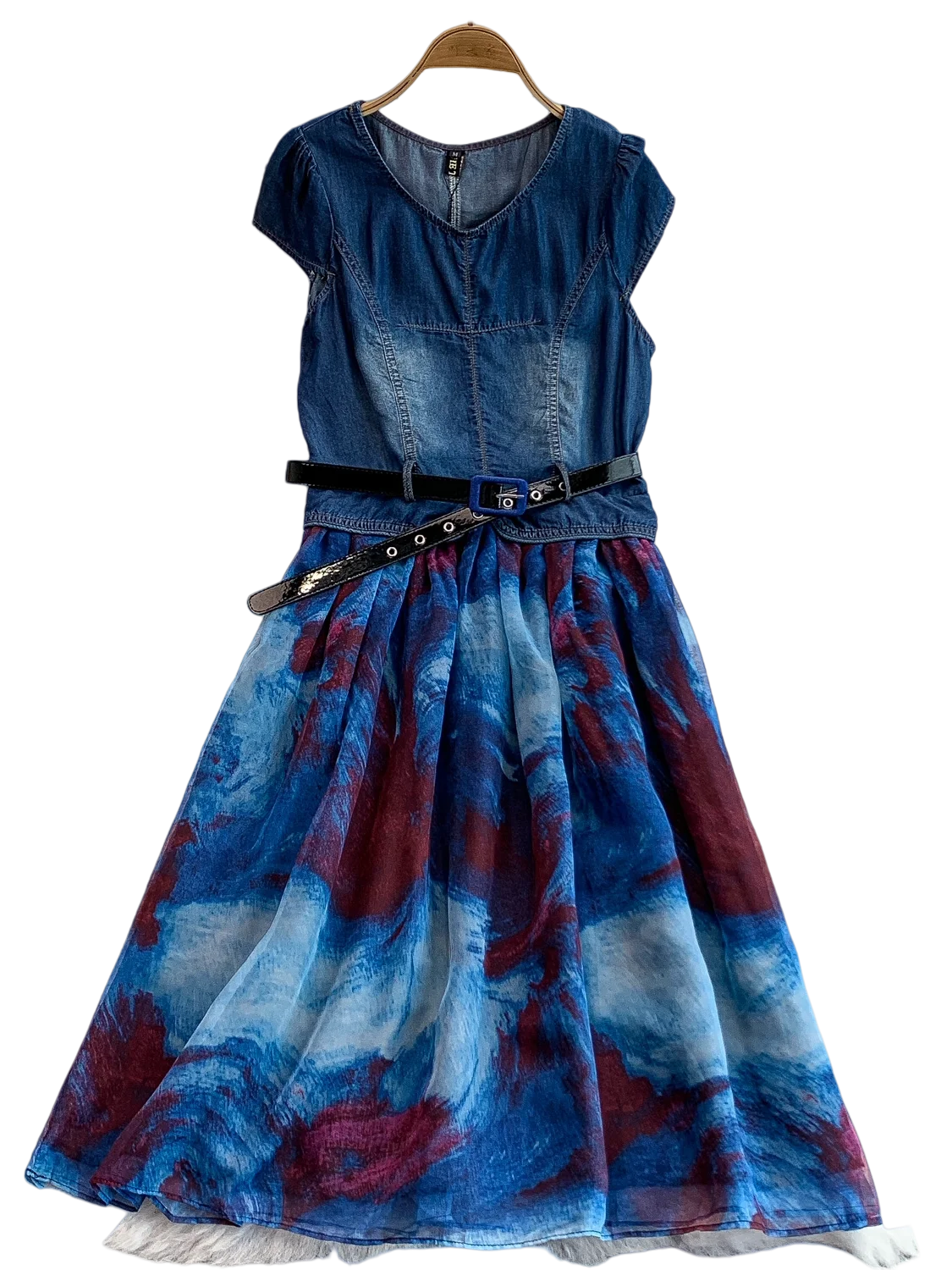 Vestido largo Retro e con cuello en V y empalme de tela vaquera para mujer, diseño de verano, adeazante, cintura alt...