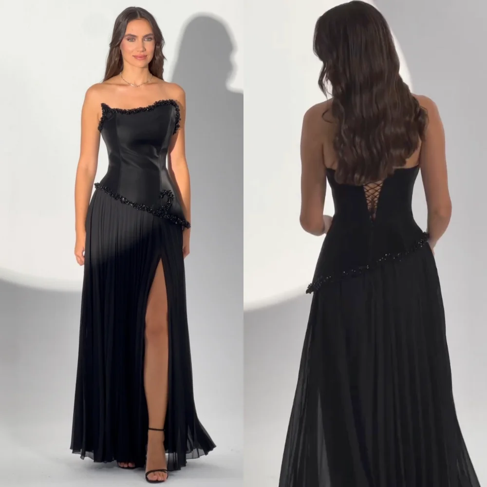 カスタムメイドのシャルムーズプリーツグリッターストラップレスAラインロングドレス、オーダーメイドの特別な機会、気品のある女性のためのエレガントなイブニングパーティードレス