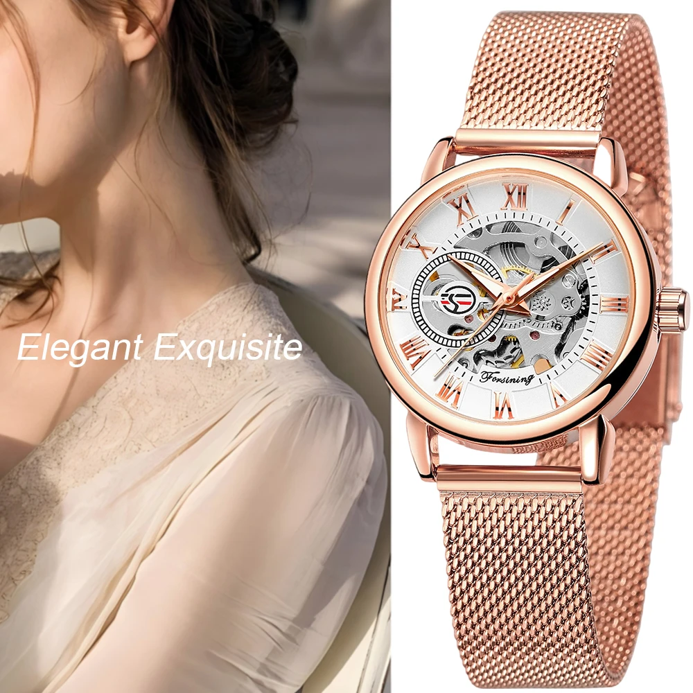 

FORSINING Классические элегантные женские часы Скелет Ручной ветер Механические наручные часы с римскими цифрами Сетчатый ремешок Ретро Роскошные часы