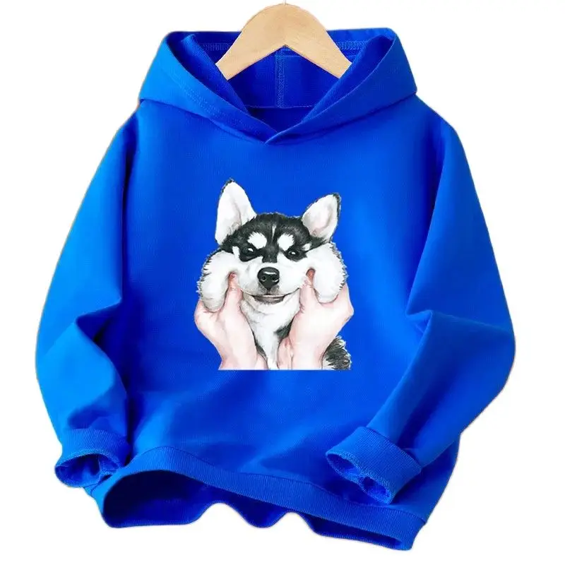 Cute Animal Husky Dog Printing Hoodie Kids Loose Clothing Autumn Thin Pullover Sweatshirt Fashion Sportswear