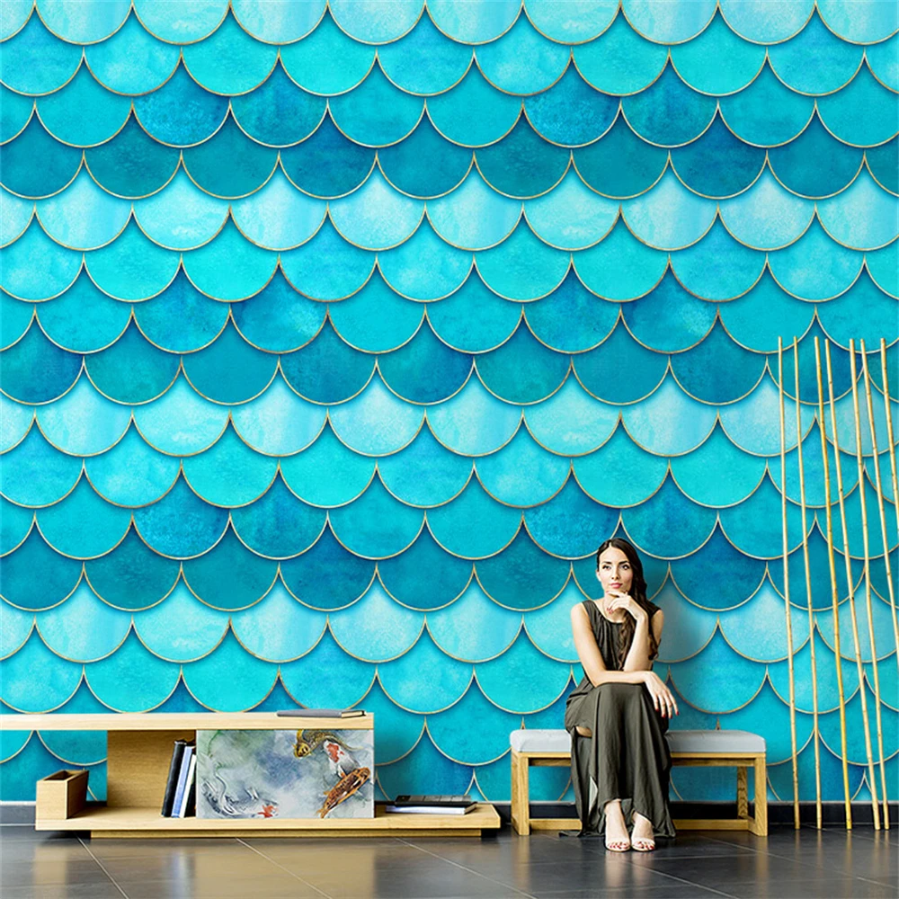 

custom Retro American green coffee shop wallpaper living room dining room fish scale wall paper fan-shaped geometric art mother