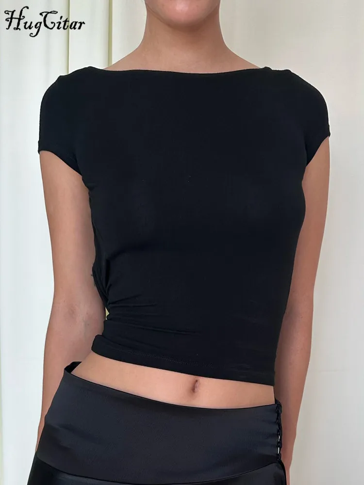 Hugcitar 2024 wiosenna, krótka rękaw bez pleców przezroczysty poślizg Sexy Slim Crop t shirt Top kobiety modne ciuchy wakacje w klubie nocnym