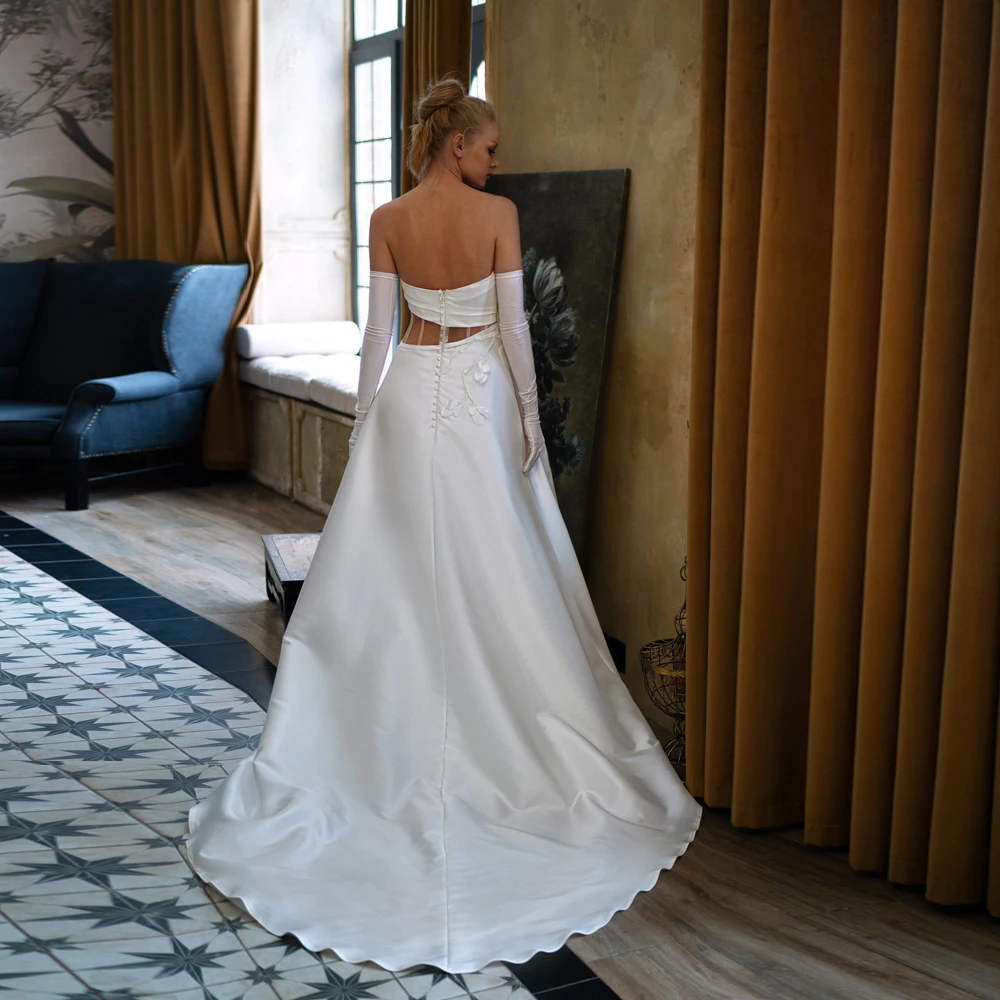 Vestido De Novia sencillo sin tirantes, prenda De satén con mangas desmontables, corte en A, con apliques De flores