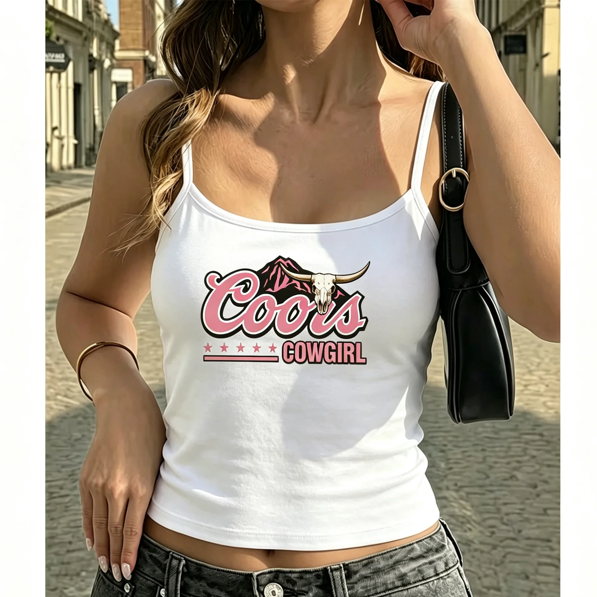 Funny Cowgirl Skull Design Tank Top Women White Summer Camisole Spaghetti Strap Sleeveless Vest Casual Holiday Beach Tops