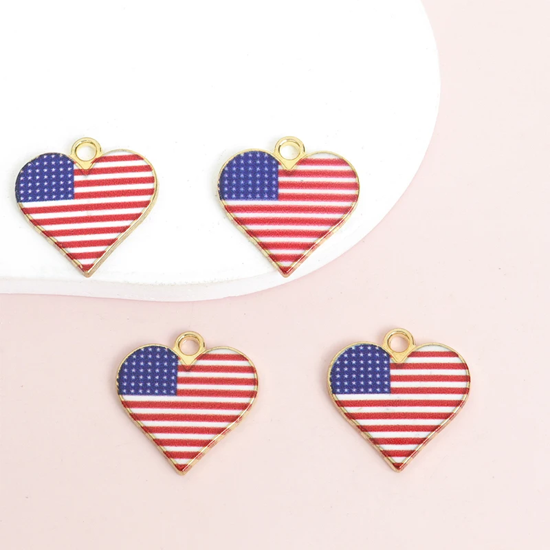 10pcs National Flag Pattern Heart Enamel Charms Jewelry DIY for Independence Day or Any Holiday Necklace Keychain Alloy Pendants