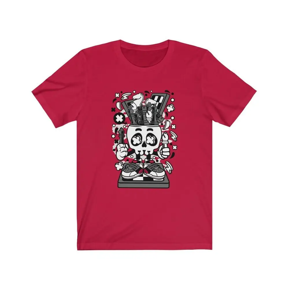 Chess Player Skull Head Men's Short Sleeve Red T-Shirt Cartoon Funny  High Quality 100%Cotton Short Sleeve