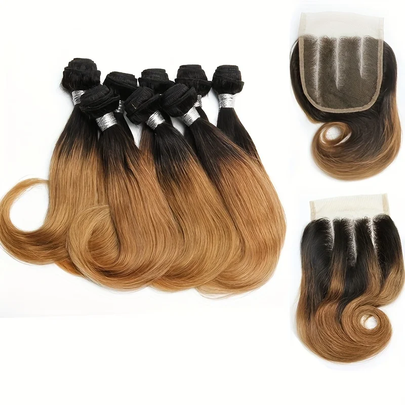 Short Ombre Human Hair Bundles with Closure 4x4  Brazilian Human Hair Weave 8Pcs Bouncy Curly Bundles With Closure Transparant