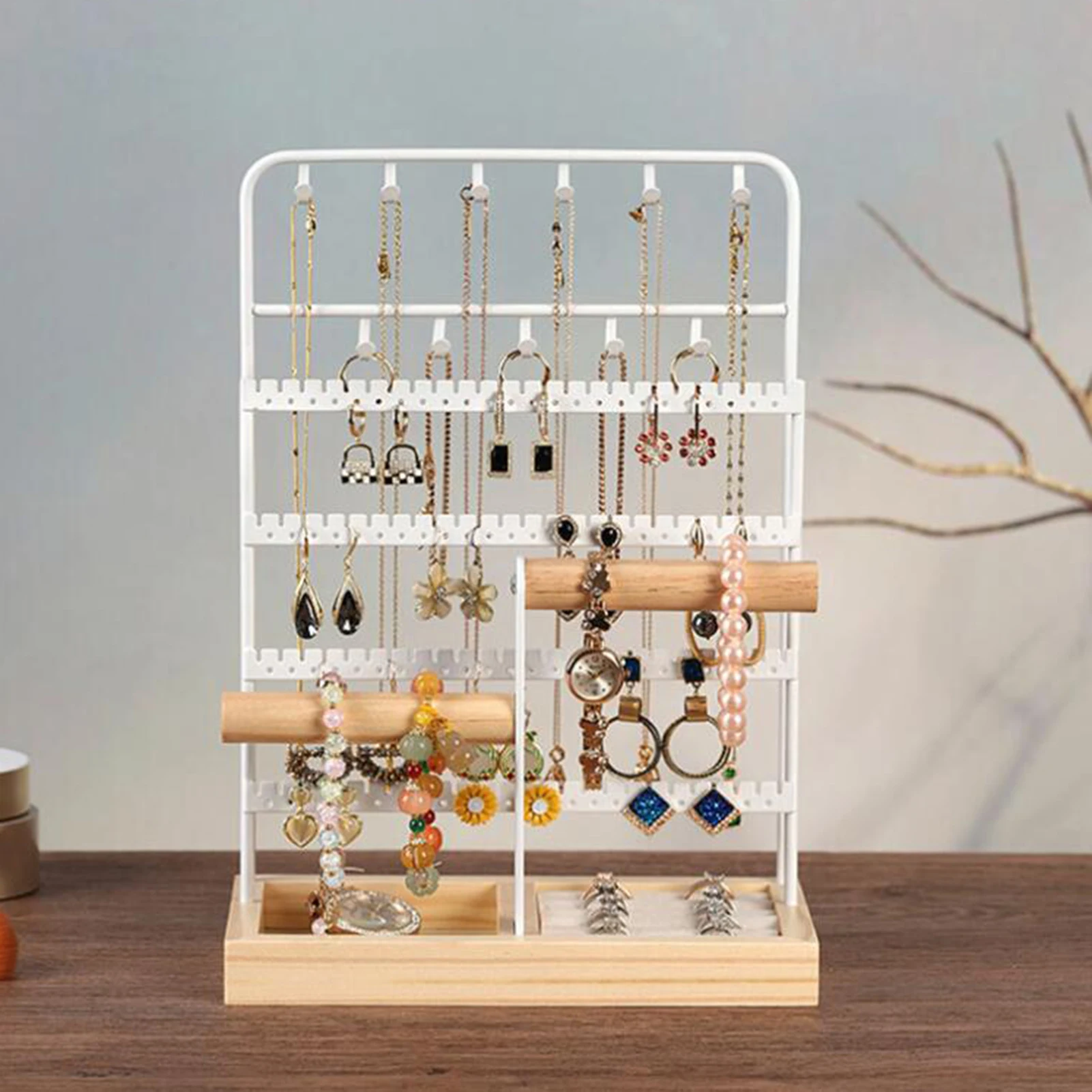 Multi Tiers Large Capacity Necklaces Display Holder Bracelets Jewelry Storage Organizer Wood Base Stand Tree Ear Stud Rack Gift