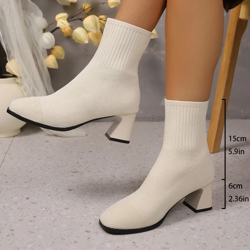 الخريف الشتاء المرأة متماسكة الجوارب المرنة الأحذية أشار تو صندل بكعب مكتنز الأحذية السوداء موضة الكاحل تشيلسي الأحذية حجم كبير 43 #2