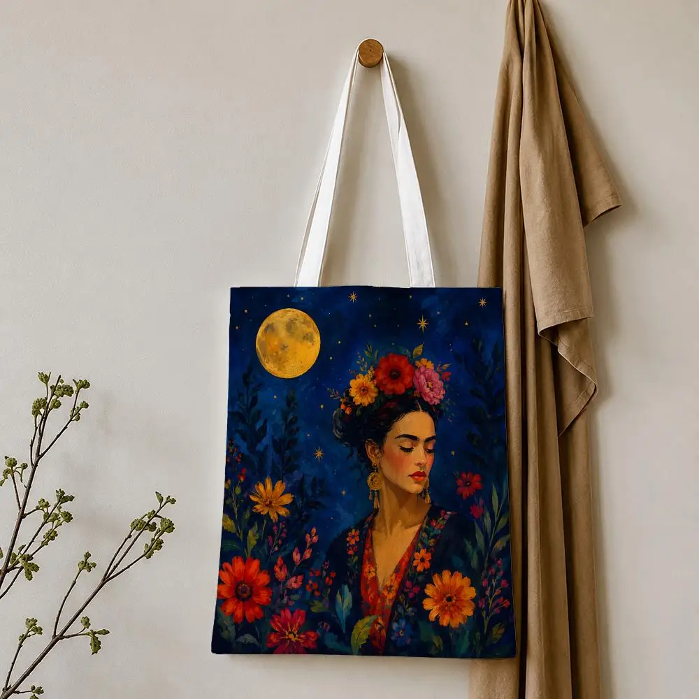 Mexican Folk Art Floral Portrait Storage Bags Tote Bag Reusable Shoulder Shopping Foldable For School Work Travel Daily Use