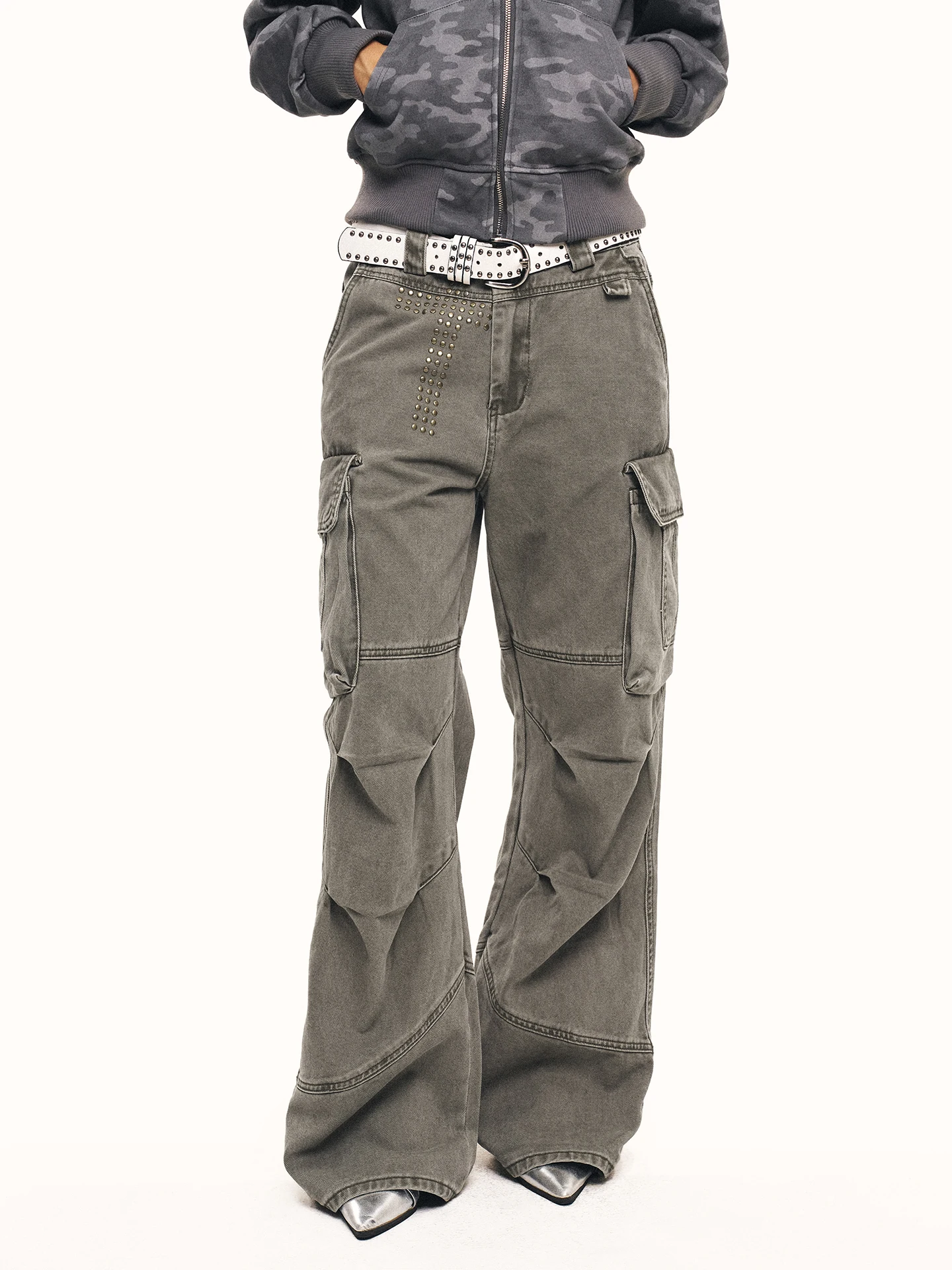 American Style Work Pants Women's Retro Trendy Design Sense Small Straight Casual Pants Cross Rivet Natural Waist Zipper