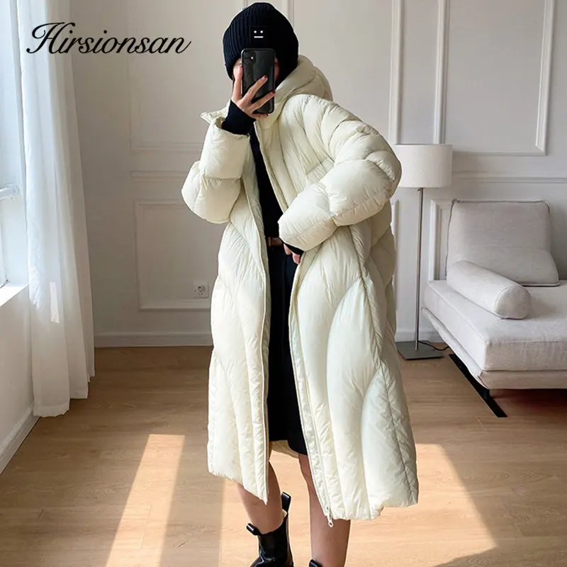 Hirsionsan Winter Long Solid Hooded Puffer Clothing Women Loose Casual White Duck Down Jackets Retro Streetwear Simple Warm Coat