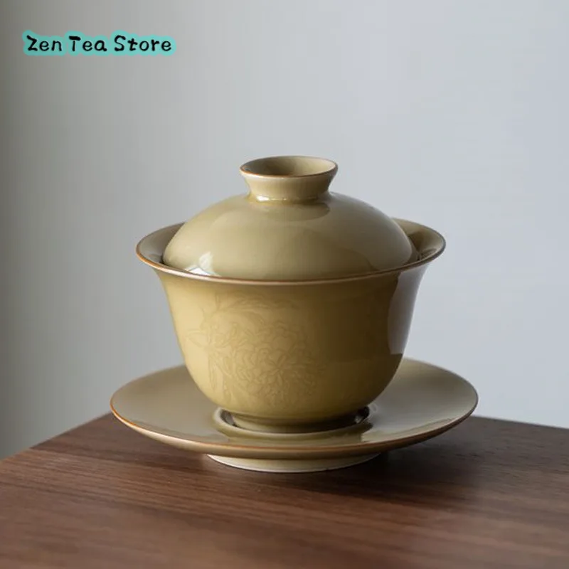 Chinese Relief Three Cover Bowl Single High-grade Ceramic Kung Fu Tea Set Dingyao Retro Tea Bowl Is Not Hot And Delicate