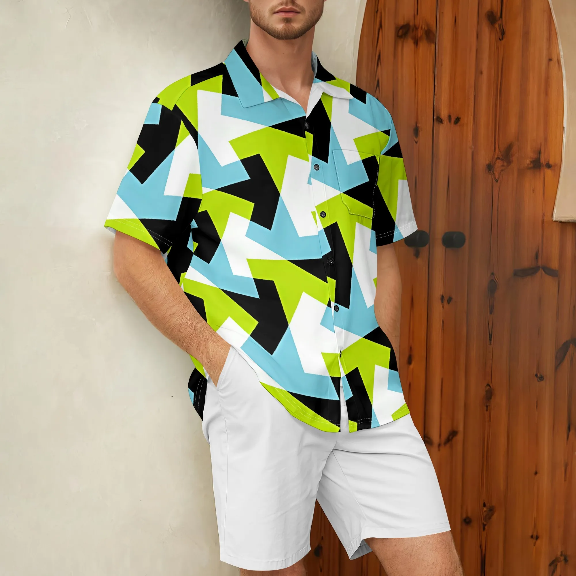 

YEAE зеленая синяя рубашка с геометрическим принтом для мужчин, летний повседневный топ с короткими рукавами
