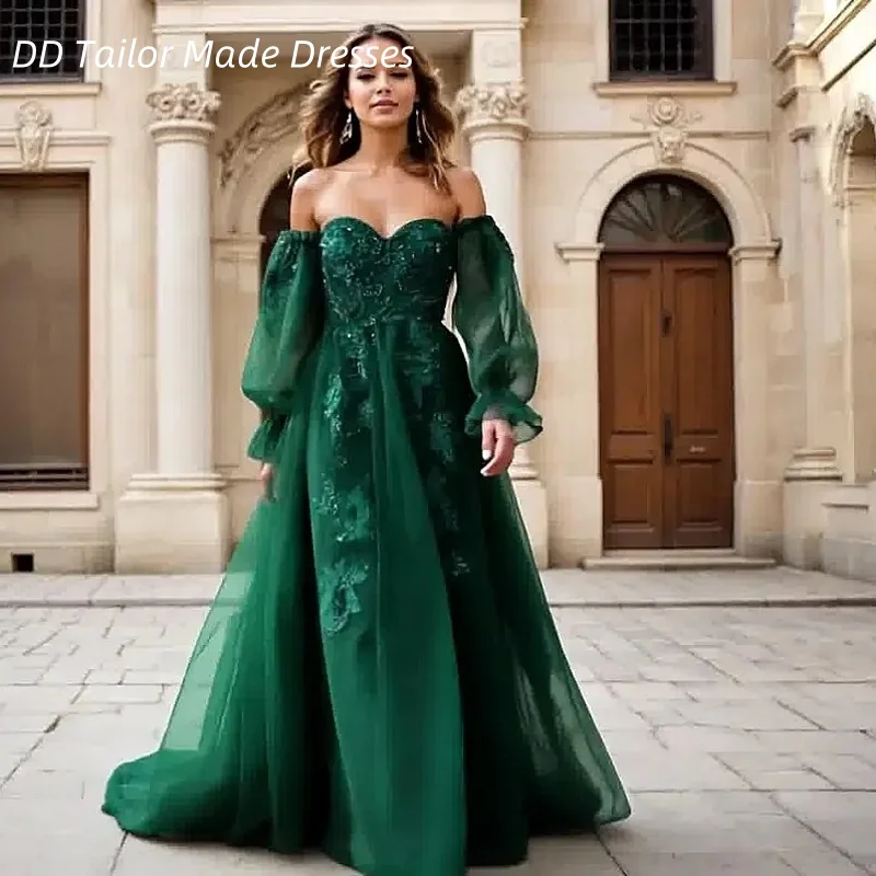 

Fairycore Prom Dress A-Line Green Tulle Long Special Occasion Gown With Off Shoulder Removable Sleeves Customized Party Wear