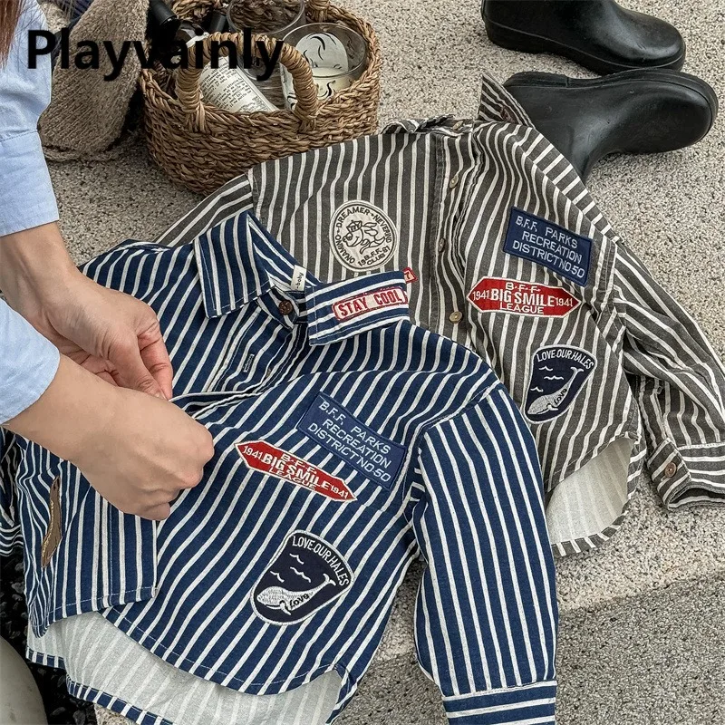 

Boy and Girl Korean Style Vertical Stripes Shirts Turn-down Collar Long Sleeve Single Breasted Overshirt Children Tops A5519