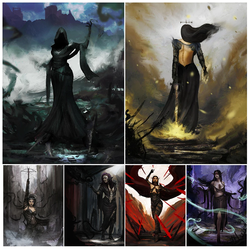 صعود قزم الساحرات خمر الرسم على لوحات القماش الجدارية معالج سحري داكن ملصق فني وطباعة لغرفة المعيشة ديكور غير المؤطرة